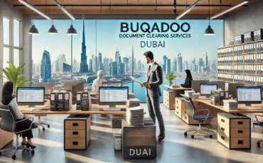 DALL·E 2024-11-14 09.08.28 - A professional landscape image showcasing Buqadoo's document clearing services office in Dubai. The office setting is modern and organized, with a Buq