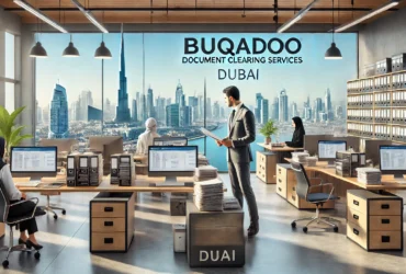 DALL·E 2024-11-14 09.08.28 - A professional landscape image showcasing Buqadoo's document clearing services office in Dubai. The office setting is modern and organized, with a Buq