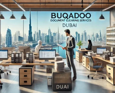 DALL·E 2024-11-14 09.08.28 - A professional landscape image showcasing Buqadoo's document clearing services office in Dubai. The office setting is modern and organized, with a Buq