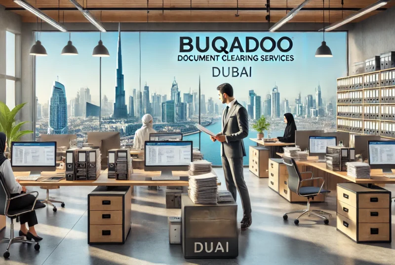 DALL·E 2024-11-14 09.08.28 - A professional landscape image showcasing Buqadoo's document clearing services office in Dubai. The office setting is modern and organized, with a Buq