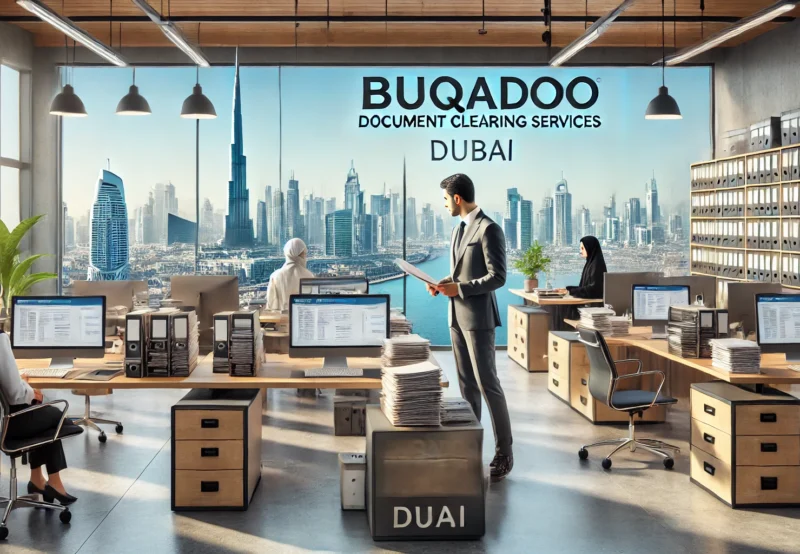 DALL·E 2024-11-14 09.08.28 - A professional landscape image showcasing Buqadoo's document clearing services office in Dubai. The office setting is modern and organized, with a Buq