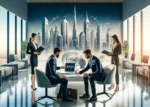 DALL·E 2025-01-11 12.31.43 - A professional and modern Dubai banking scene featuring a sleek office environment with business professionals consulting documents and interacting wi