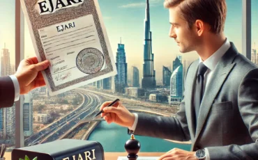 DALL·E 2025-03-05 16.02.44 - A professional office in Dubai with a business agent assisting a client with Ejari services. The Dubai skyline, including Burj Khalifa, is visible thr