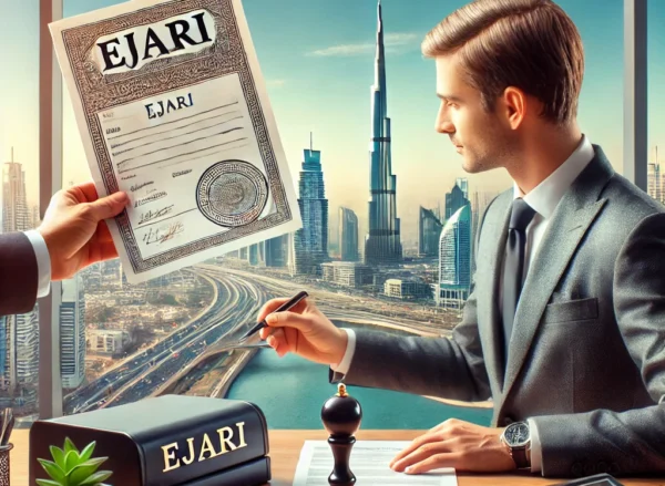 DALL·E 2025-03-05 16.02.44 - A professional office in Dubai with a business agent assisting a client with Ejari services. The Dubai skyline, including Burj Khalifa, is visible thr