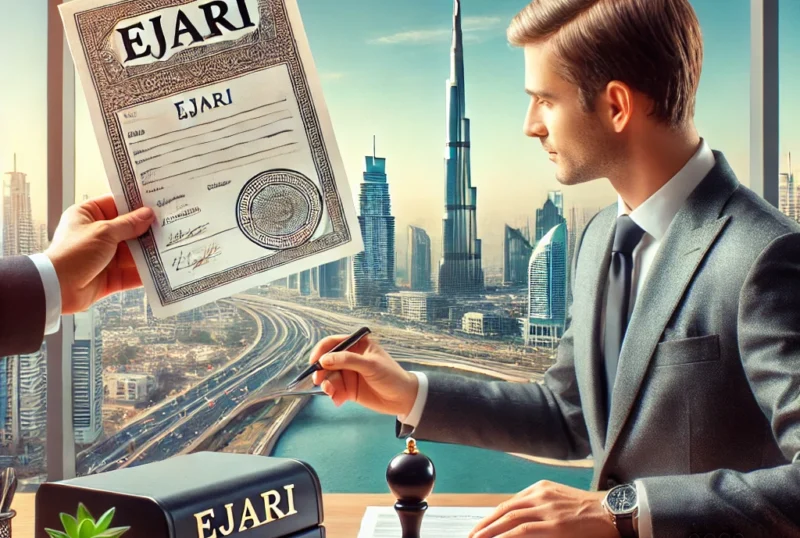 DALL·E 2025-03-05 16.02.44 - A professional office in Dubai with a business agent assisting a client with Ejari services. The Dubai skyline, including Burj Khalifa, is visible thr