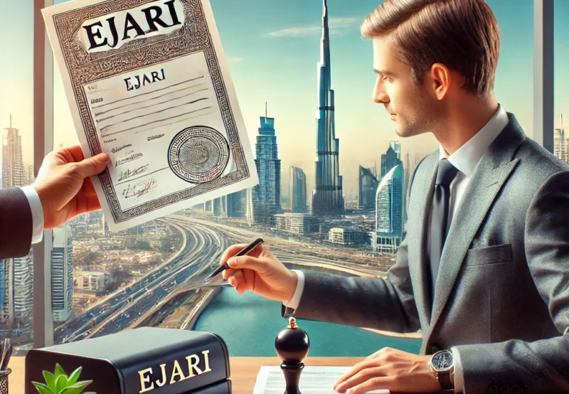 DALL·E 2025-03-05 16.02.44 - A professional office in Dubai with a business agent assisting a client with Ejari services. The Dubai skyline, including Burj Khalifa, is visible thr