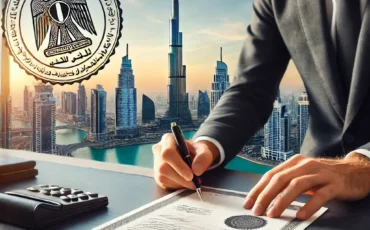 DALL·E 2025-03-26 20.05.02 - A professional office in Dubai with a businessperson handling trade license renewal documents. The background features the Dubai skyline, including Bu