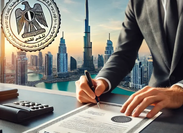 DALL·E 2025-03-26 20.05.02 - A professional office in Dubai with a businessperson handling trade license renewal documents. The background features the Dubai skyline, including Bu