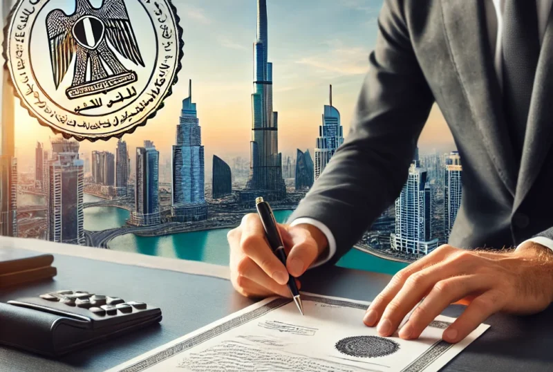 DALL·E 2025-03-26 20.05.02 - A professional office in Dubai with a businessperson handling trade license renewal documents. The background features the Dubai skyline, including Bu
