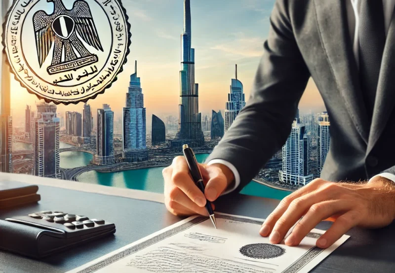 DALL·E 2025-03-26 20.05.02 - A professional office in Dubai with a businessperson handling trade license renewal documents. The background features the Dubai skyline, including Bu