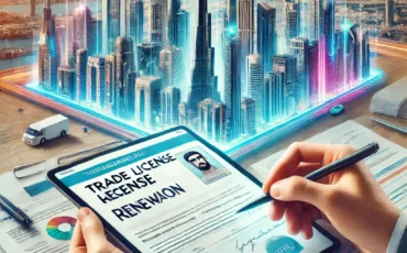 DALL·E 2025-04-21 09.55.09 - A professional and informative image showcasing the process of trade license renewal in Dubai. The image should feature a cityscape of Dubai with its