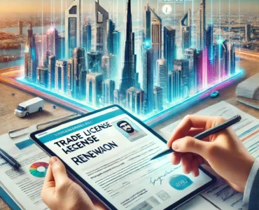 DALL·E 2025-04-21 09.55.09 - A professional and informative image showcasing the process of trade license renewal in Dubai. The image should feature a cityscape of Dubai with its