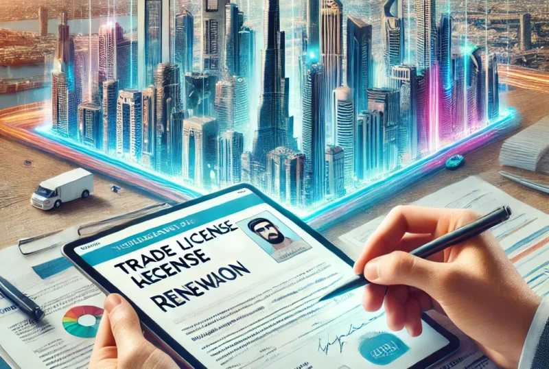 DALL·E 2025-04-21 09.55.09 - A professional and informative image showcasing the process of trade license renewal in Dubai. The image should feature a cityscape of Dubai with its