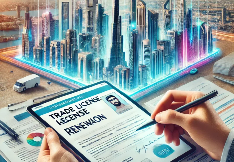DALL·E 2025-04-21 09.55.09 - A professional and informative image showcasing the process of trade license renewal in Dubai. The image should feature a cityscape of Dubai with its